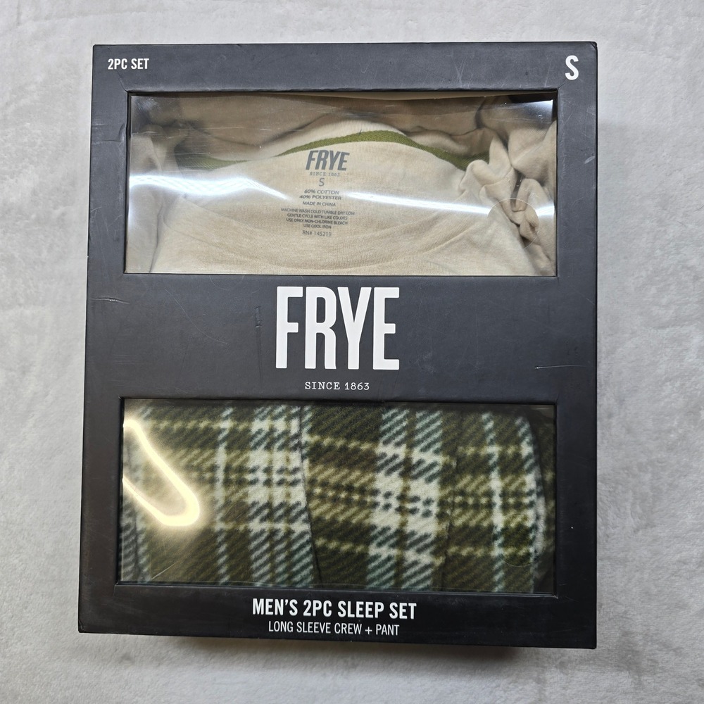 FRYE 2 Piece Sleep Set Mens Small Long Sleeve Crew Pant Taupe Plaid NEW